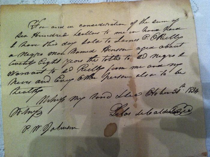 1834 Bill of Sale for Slave Henson--28 year old male who sold for 600 dollars