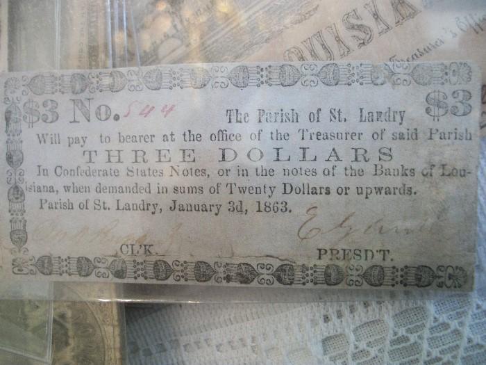 Opelousas LA--Confederate $3 bill--all of Civil War items are original