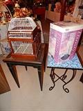 Decorative birdcage, tile top table and square wood accent table