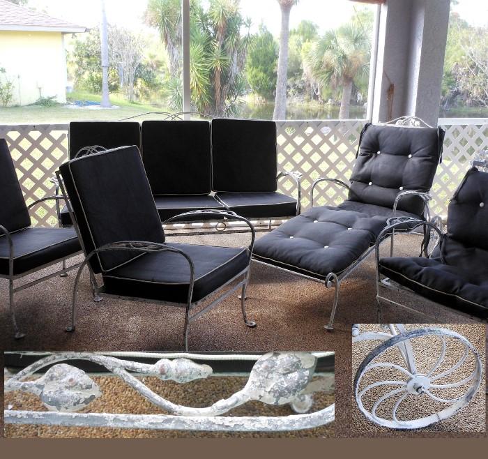 Vintage Wrought Iron Lanai Set; showing close up of detail and Chaise Wheel