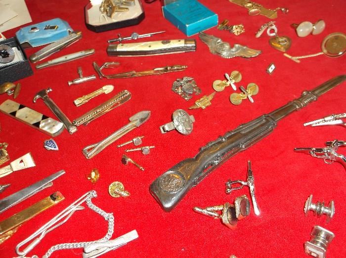 Letter opener marked Camp Rucker and military pins, cuff links and tie bars