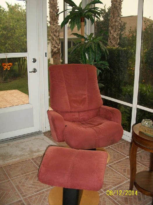 Maroon swivel-rocker recliner chair with ottoman