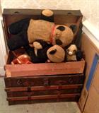 HUMPBACK TRUNK WITH OLD PANDA BEAR TOYS