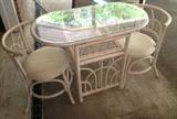 RATTAN GLASS TOP TABLE W/2 CHAIRS