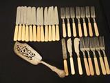 {Older} set of 8 silverware with Fish server. {4 hallmarks-London}