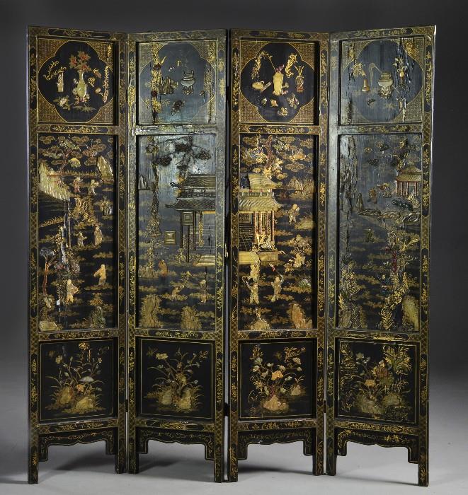 21.	Chinese Qing Lacquer & Inlaid Stone Four Panel Screen