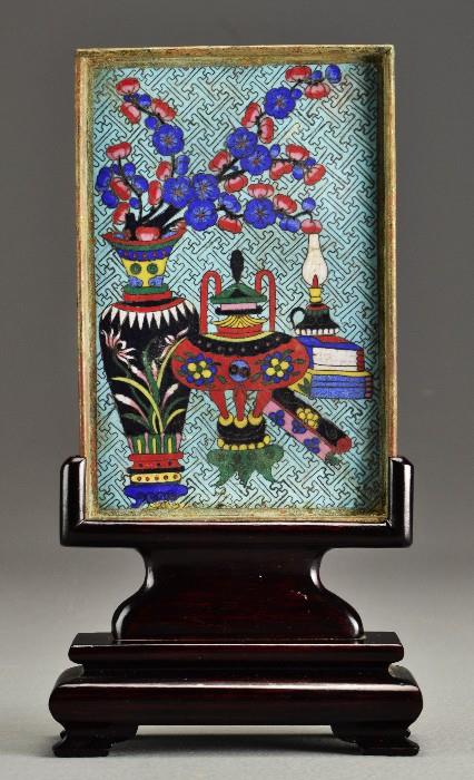 27.	Chinese Qing Cloisonné Plaque & Hardwood Stand