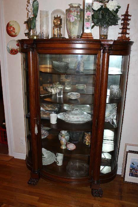 OAK BOWFRONT CHINA CABINET, WITH CLAW FEET GREAT CONDITION