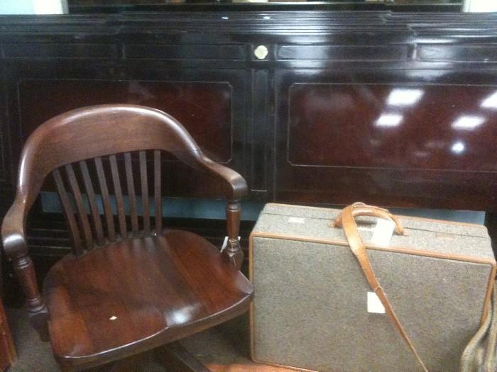 Henredon headboards, Milwaukee Chair Co. Banker's chair, Vintage hartmann luggage