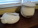 Antique porcelain urinal and chamber pot with wooden handle and lid!