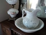 Close-up of the antique bowl and pitcher. The unusual  green design is fabulous!