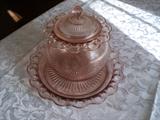 Pink depression glass plate and large lidded jar make a great addition to depression glass collections!