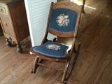 Great old sewing rocker with needlepoint back and seat!
