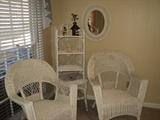 Pair of white wicker chairs, small wicker table, wicker mirror, and small wicker "what-knot" stand!