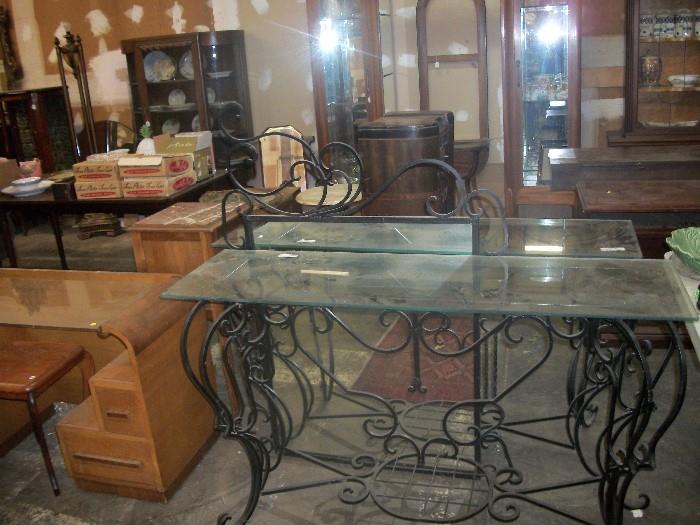 2 glass top metal tables, 