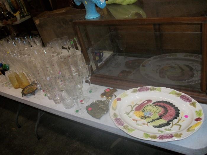 vintage table top display cabinet, lots of stemware