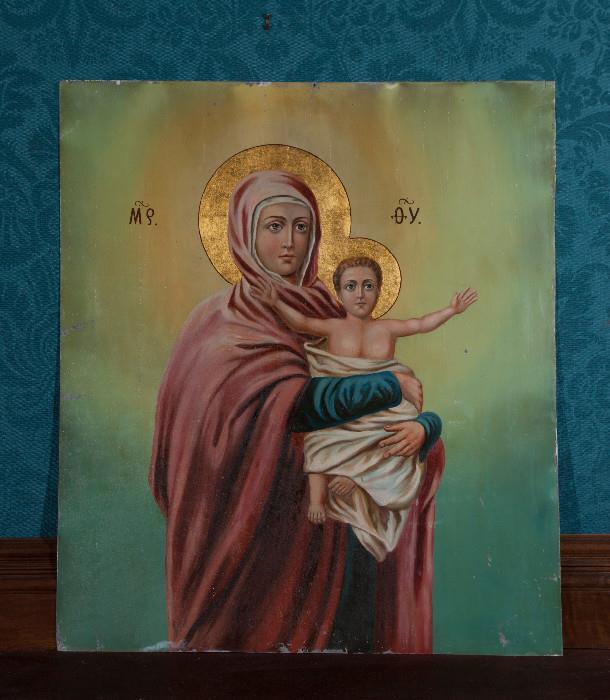 Large Antique 19th Century Icon, from Russian Serbian Orthodox Church, Handpainted oil on tin with gold leaf 32" x 36"