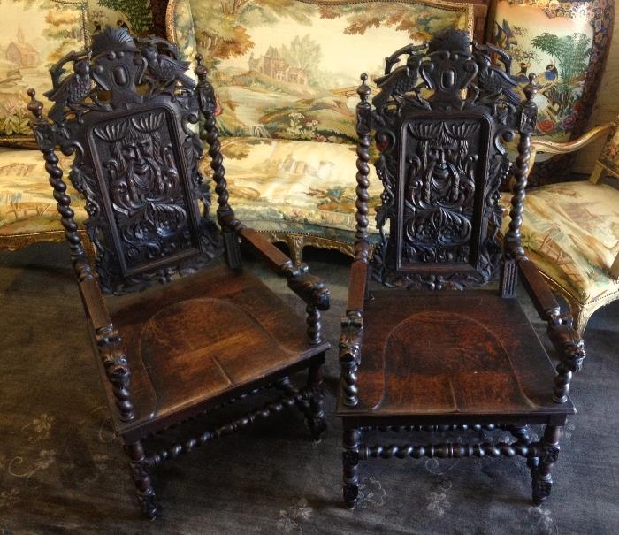 Incredible pair of Throne Chairs, hand carved from Spain, German influence
