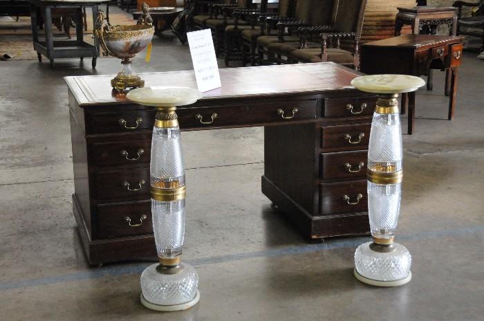 Crystal and onyx pedestals, leather top desk