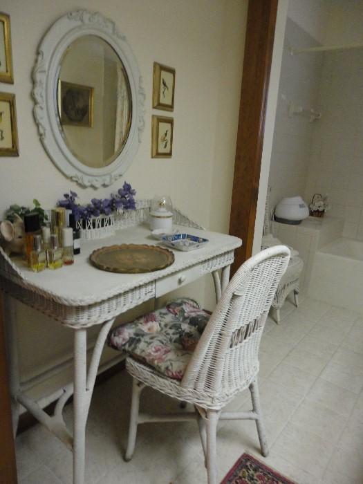 Wicker vanity table and chair, antique mirror