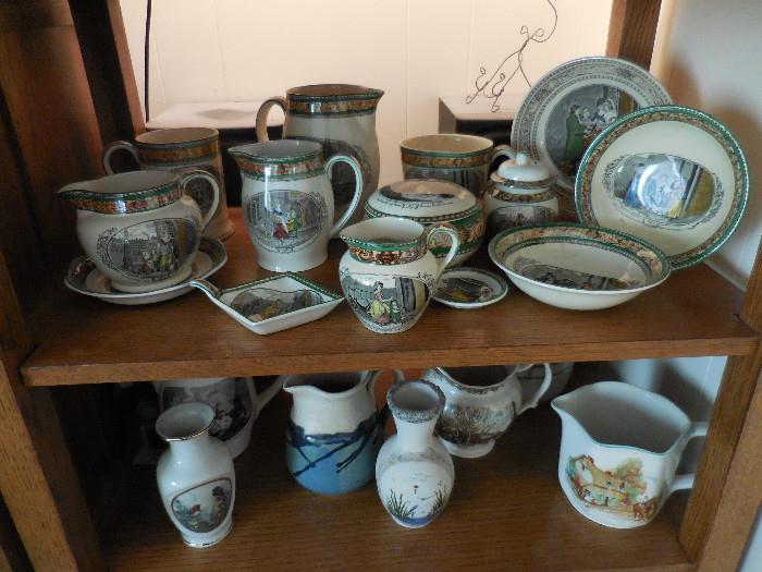 English Pottery first shelf. Various Pitchers