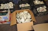 Boxes of teapots, teacups, bowls, boxes, dishes of all sorts from various makers, new and vintage.