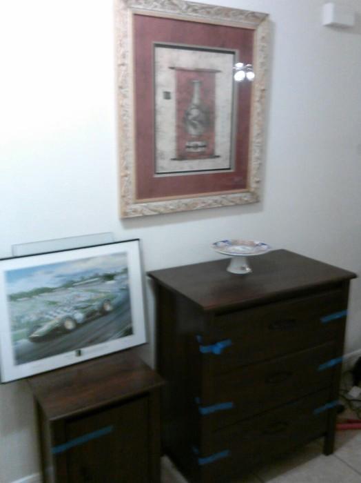 Framed pictures, dresser and small side table