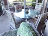5 Piece Wicker Glass Top Table with 4 Chairs and Cushions - Great Condition