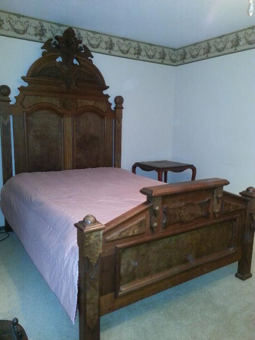 Antique Queen Victorian Bed  - Full Size                        Absolutely Beautiful - Excellent Condition                DIMENSIONS:
Headboard (top to bottom) - 92"
Width - 57 1/2"
Length - 78 1/2"
(could be easily modified to accommodate a queen mattress).  