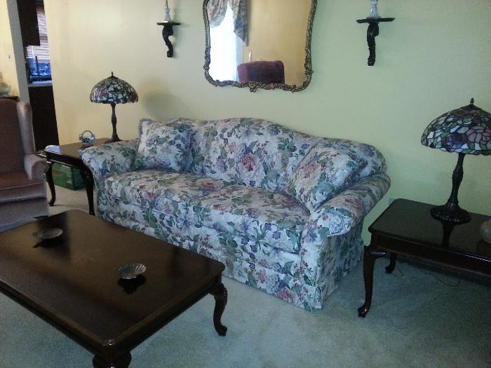 Floral Couch - Excellent Condition                      Matching wing back chair (photo shown).                  End Tables (2), Coffee Table & Sofa Table
