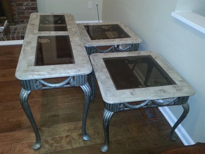 Marble and Glass Top Set: Incudes: End Tables (2), Sofa Table and Coffee Table - Excellent Condition 