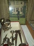 old framed picture 30.00 and box of sterling and silver plate 40.00 all