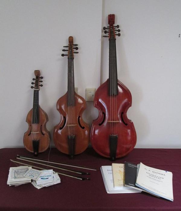 3 Albert Dell viols + bows + replacement strings + music
