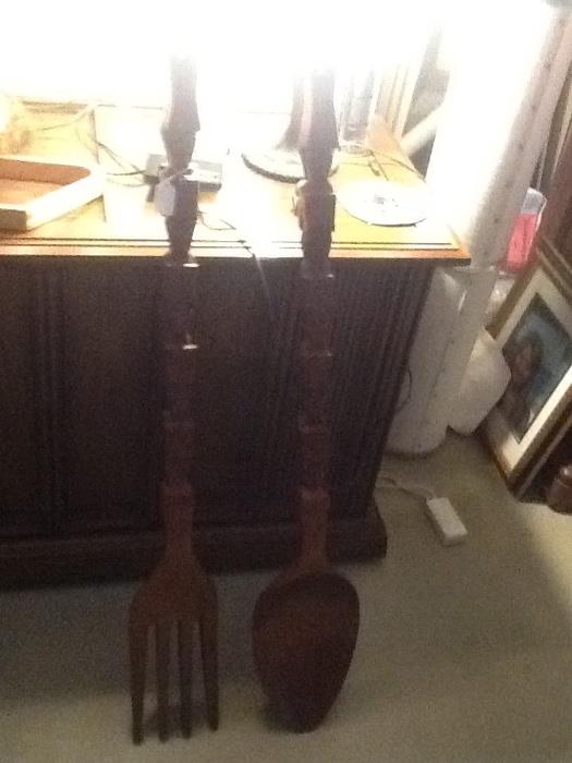 oversized wooden fork spoon mid century $25.00 set