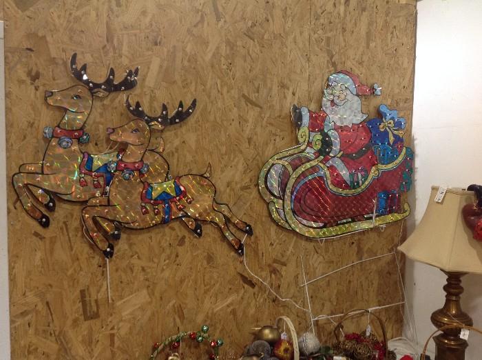 Lighted Placards "Santa In Sleigh and Two Reindeer" - 2 Pieces