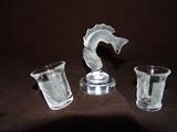 Lalique dolphin and 2 shot glasses