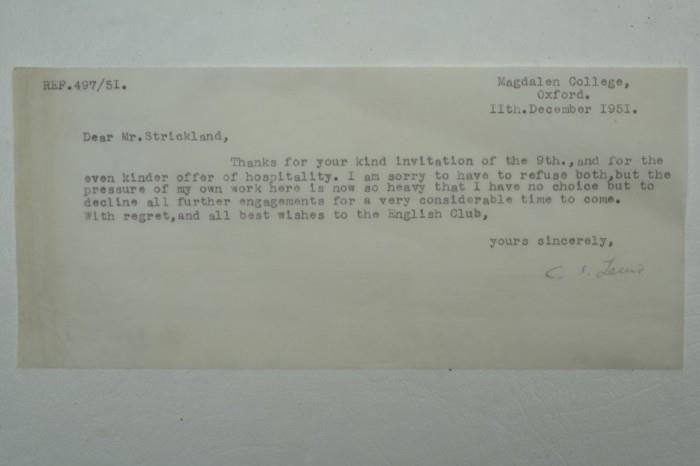 52	Signed Letter by C.S. Lewis (1898-1963)