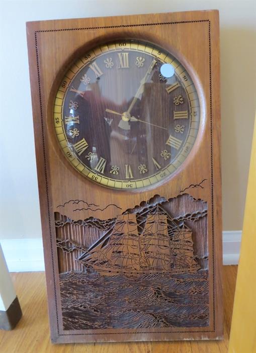 Wood carved ship clock