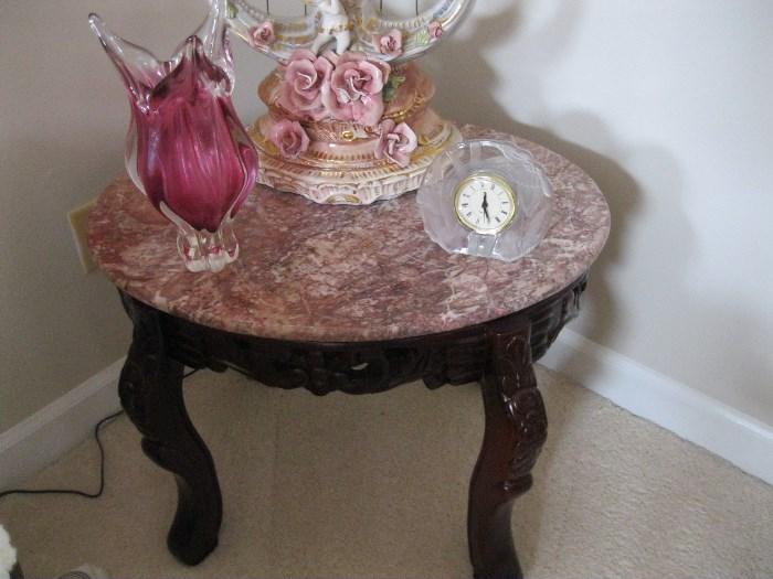 marble top end table, clock