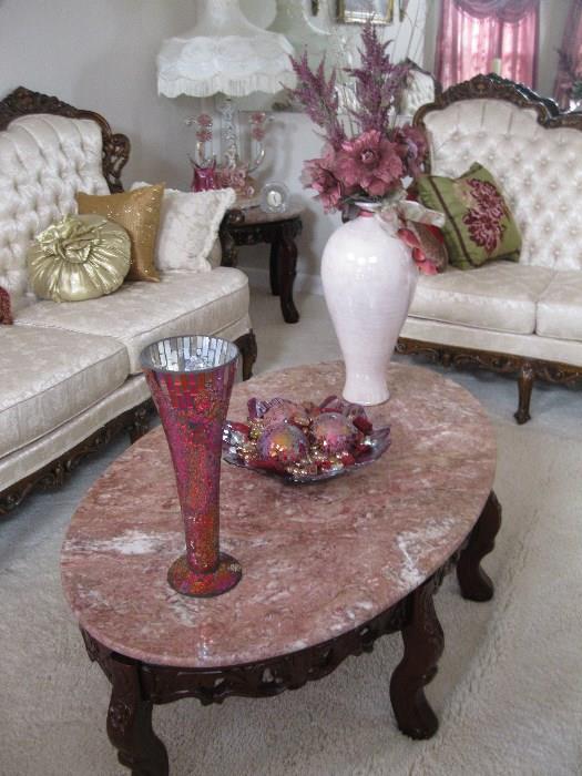 MARBLE TOP COFFEE TABLE ,MATCHING END TABLES , Victorian SOFA AND LOVESEAT, LAMPS AND FLOOR LAMP