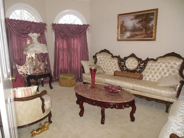 coffee table, end tables ,Victorian  love seat, sofa, window curtains for sale , wall art