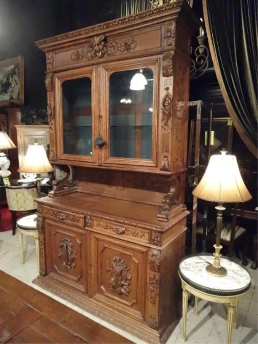 ANTIQUE FRENCH OAK SIDEBOARD WITH HUTCH TOP AND ELABORATE CARVINGS