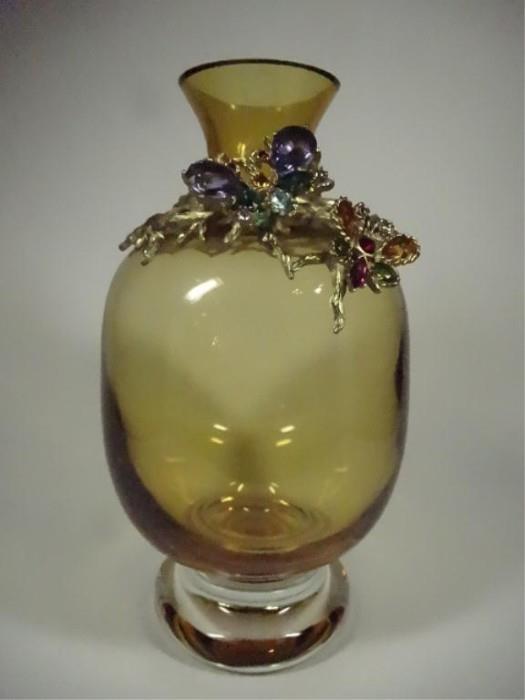 JAY STRONGWATER AMBER CRYSTAL VASE WITH SWAROVSKI CRYSTALS