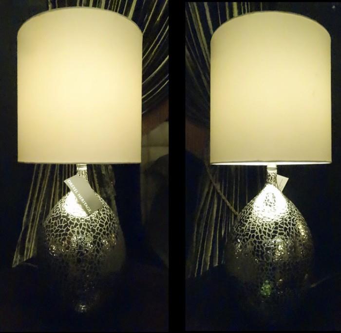PAIR DREXEL HERITAGE TABLE LAMPS, MODERN DESIGN, SILVER FINISH, NEW, TAGS STILL ATTACHED