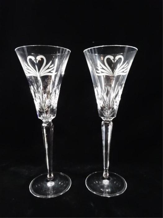 PAIR WATERFORD CRYSTAL WEDDING CHAMPAGNE TOASTING FLUTES WITH ETCHED SWANS