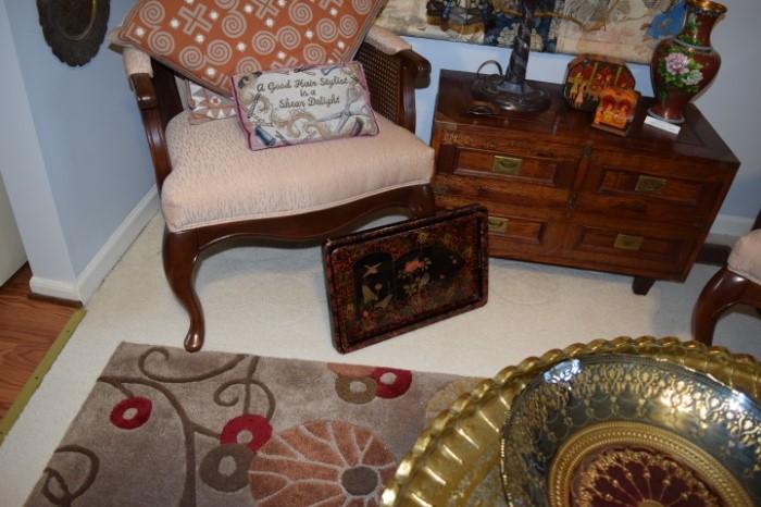 Area and Oriental Rugs, Trays, Vases, Large Brass Table with Glass Top, Walnut Wood Bowl