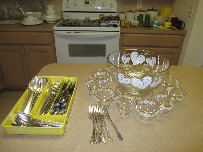 Anchor Hocking White Leaf Punch Bowl and Cups, Vintage Flatware