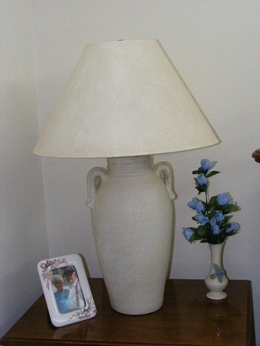 White ceramic ginger jar style table lamps (pair) with contemporary shades.  $40 ea. or $75/pr.