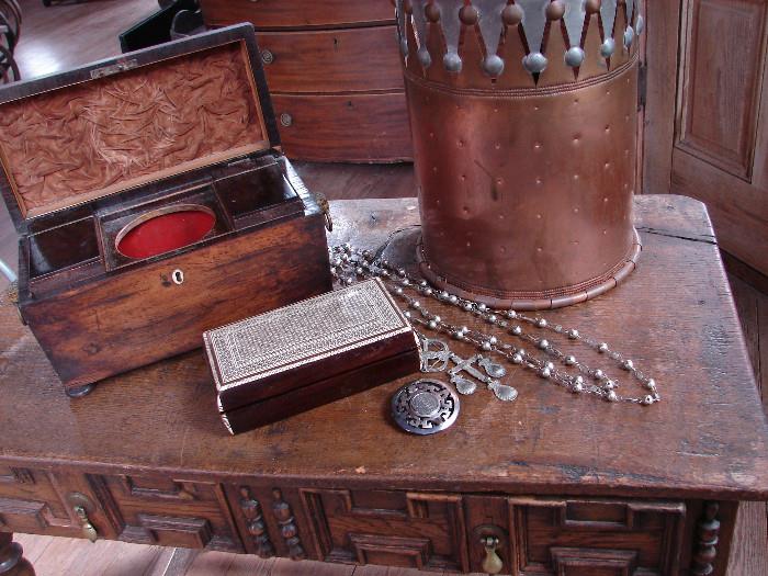 Tea caddy, small inlay box, silver jewelry, wall light cover designed by Isaac Maxwell.