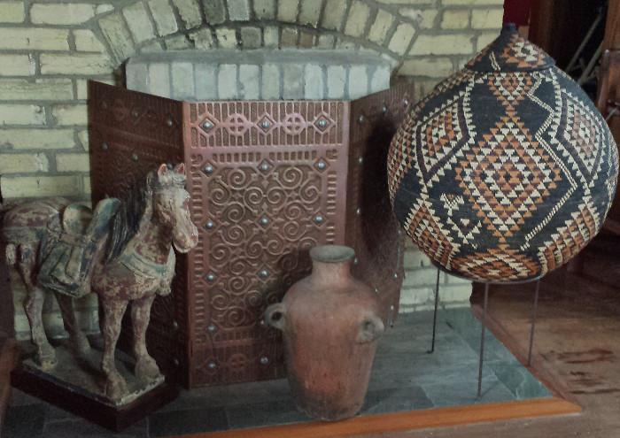 Horse, firescreen designed by Isaac Maxwell, vintage pottery, large basket from the Congo. All in beautiful condition.